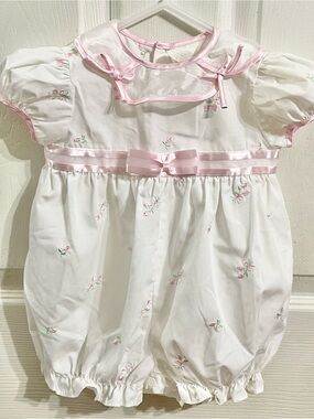 Vintage 1999 Baby Girl 6-9M White Pink Floral Embroidered Bubble Romper